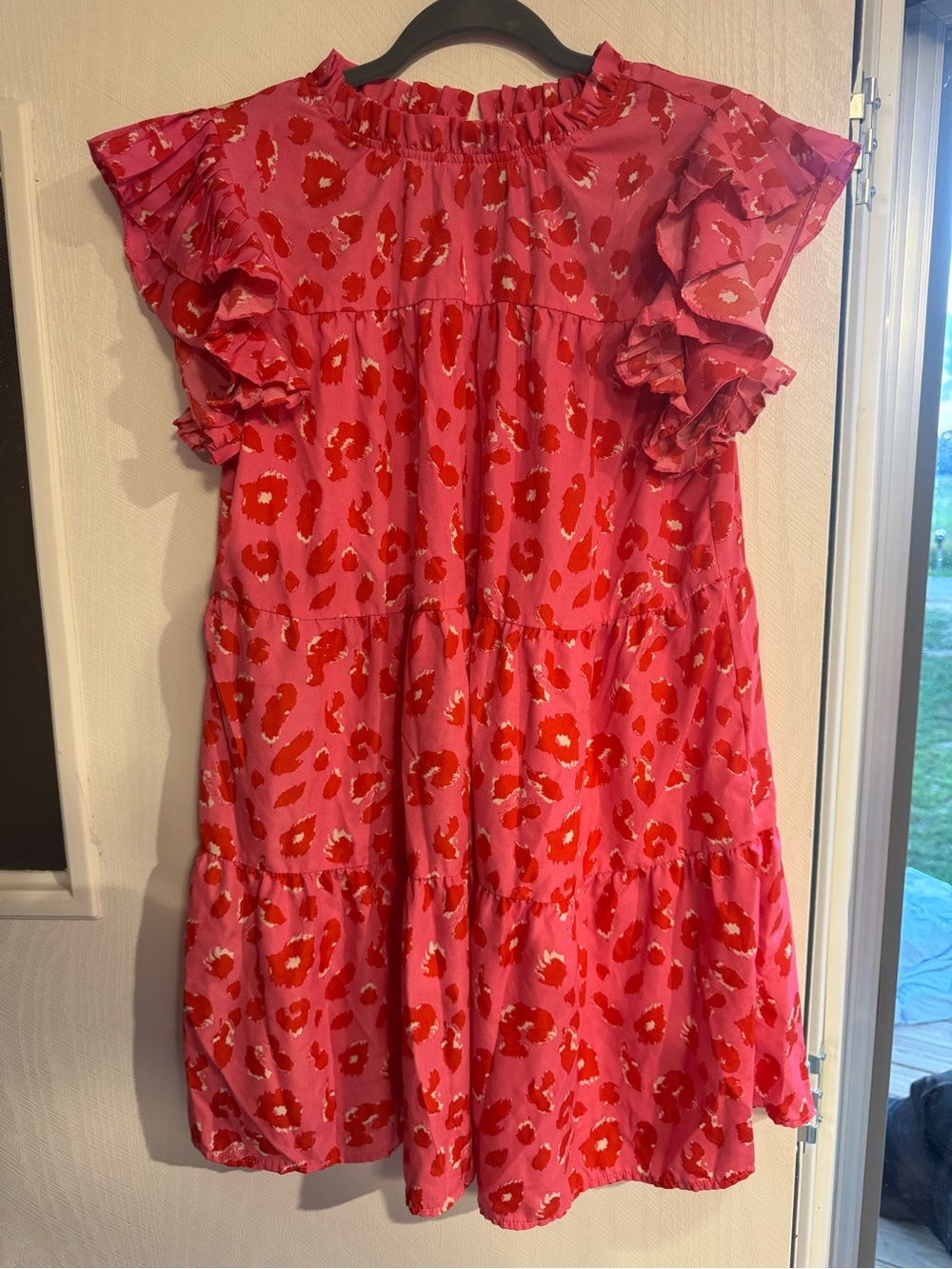 JODIFL Pink Dress with Red Floral Print and Ruffle Sleeves